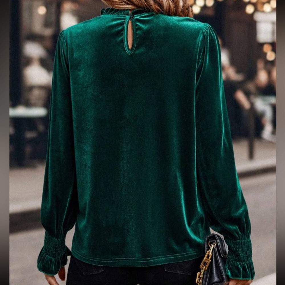 Cozy Classic Smocked Cuff Long Sleeve Velvet Blouse Shirt - Picture 3 of 5